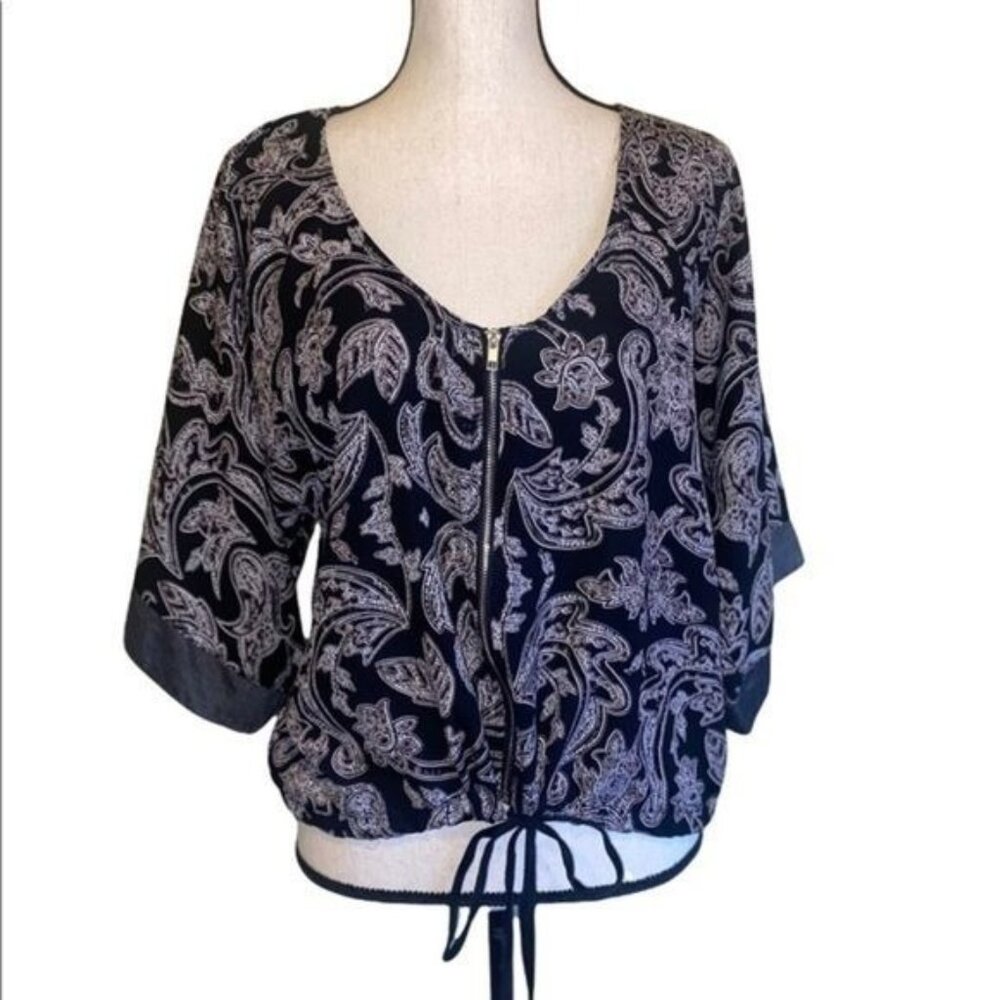 Daytrip Womens Paisley Black Zip Front Drawstring Blouse Size S Relaxed Fit